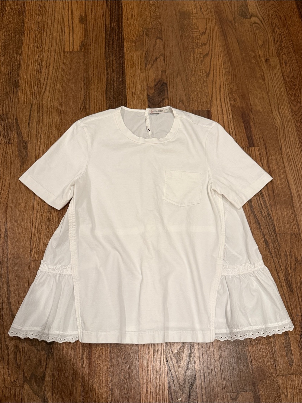 Moncler White Short Sleeve Cotton Tee with Back Keyhole